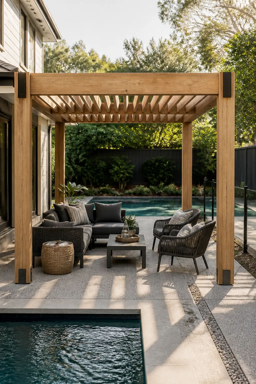 Open pergola framing a shaded outdoor pool lounge