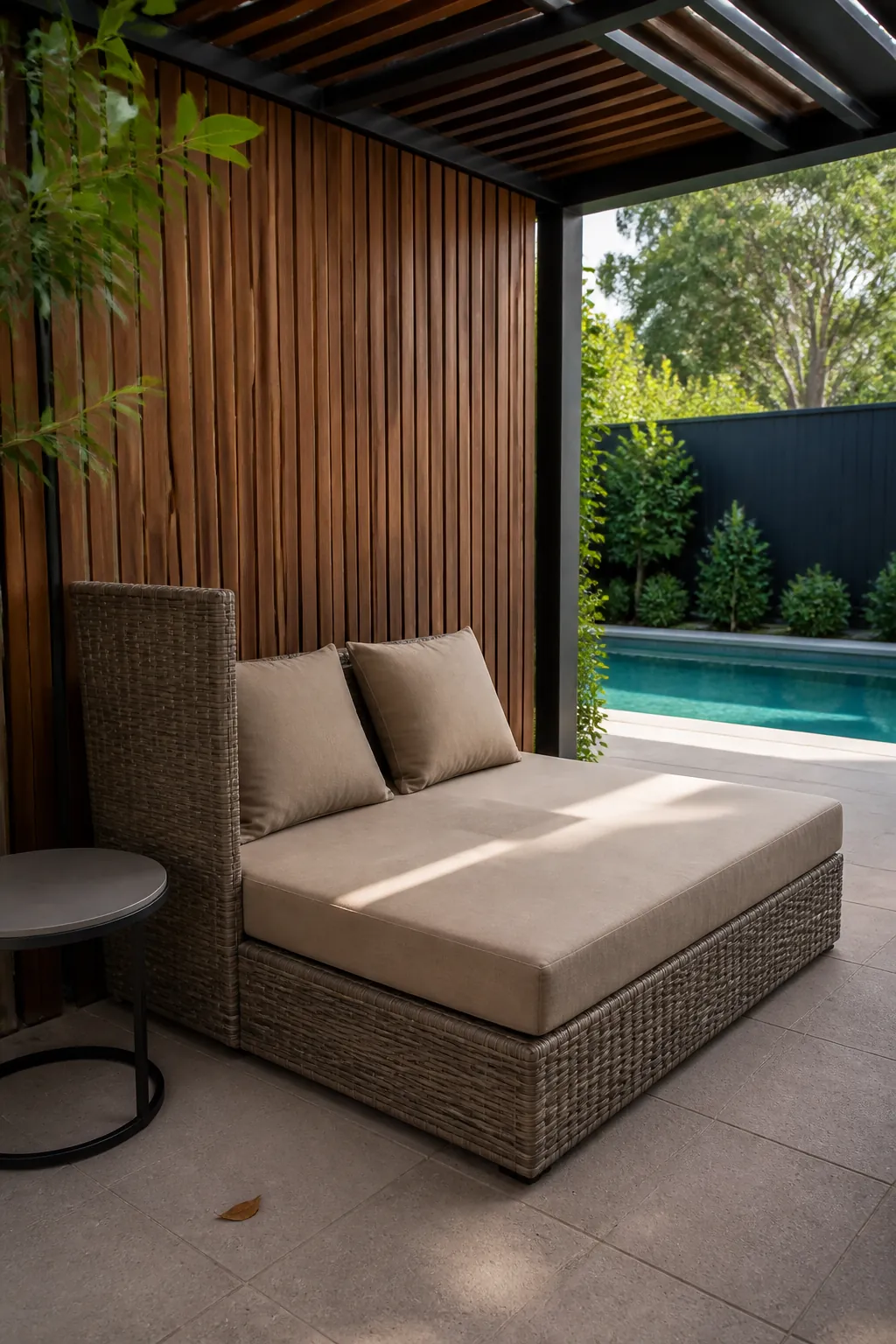 Compact shaded outdoor daybed in a protected poolside corner