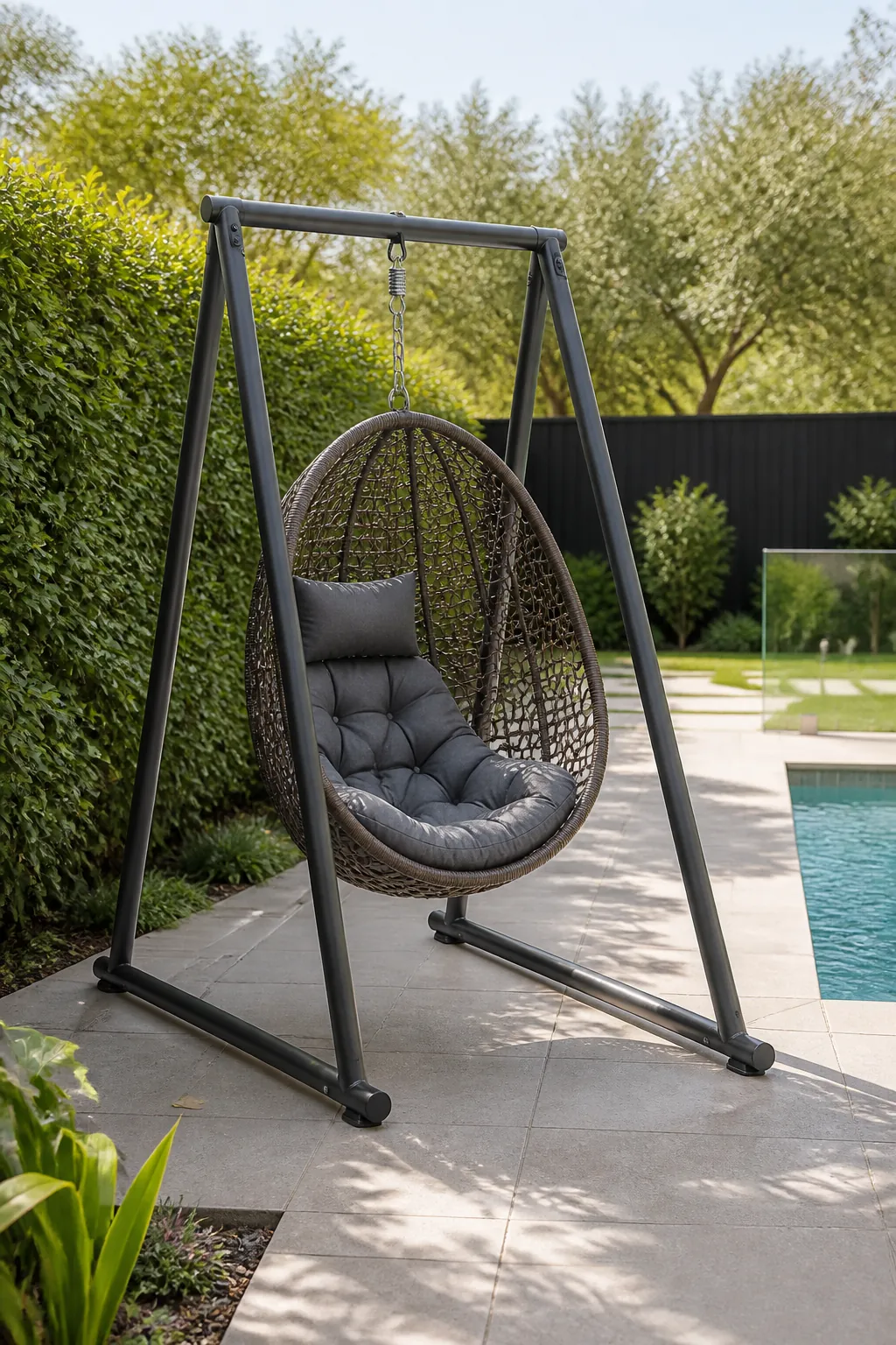 Single hanging chair on a secure freestanding frame near a pool