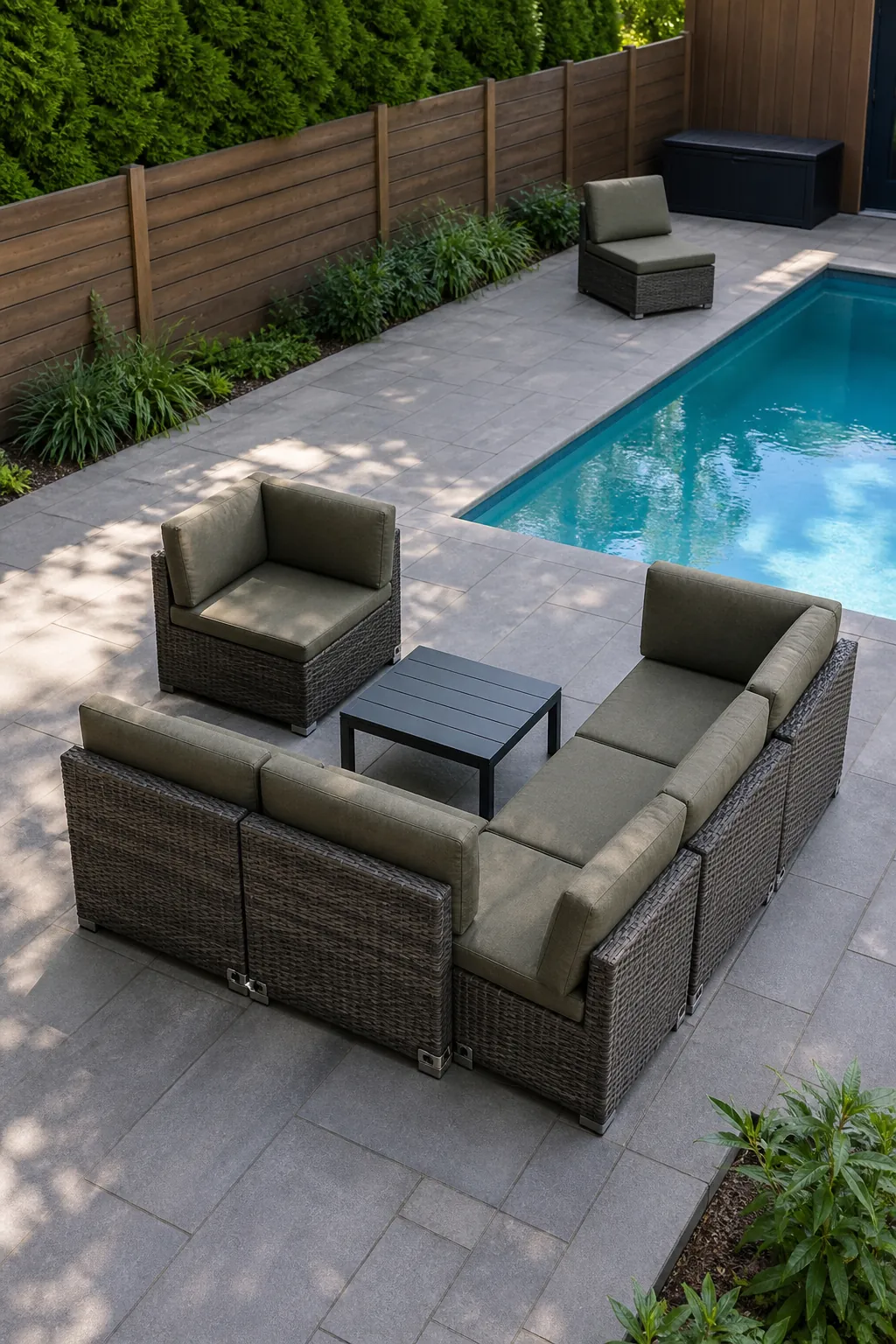 Flexible modular poolside seating arranged for a small gathering
