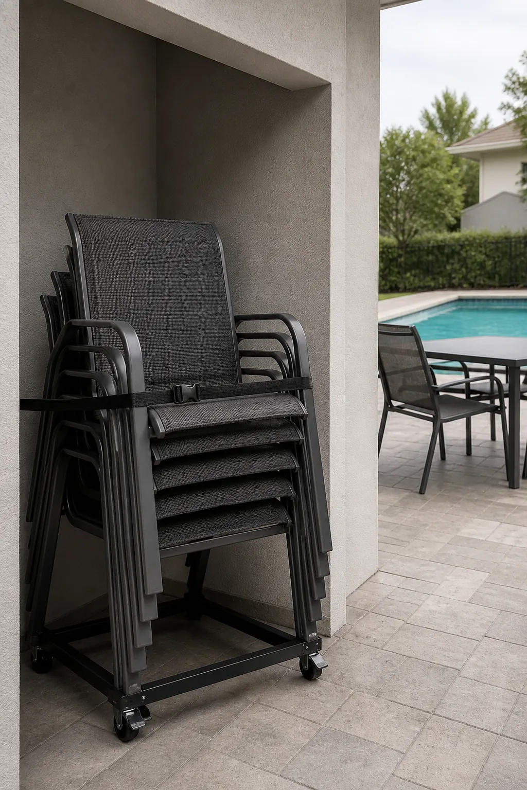 Stackable guest chairs stored neatly near an outdoor pool area