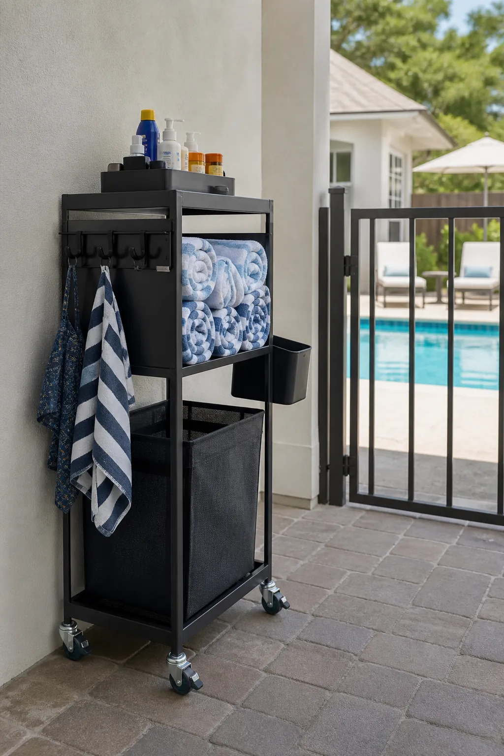 Organized towel station near the pool entrance
