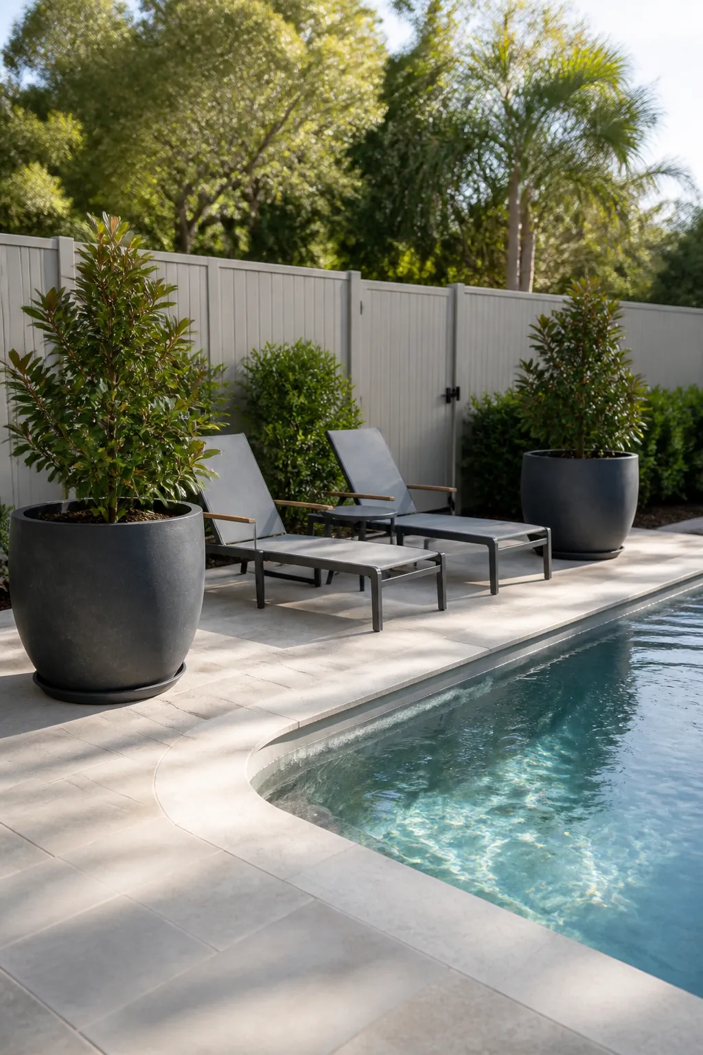 Large planters framing a pool lounge without blocking the path