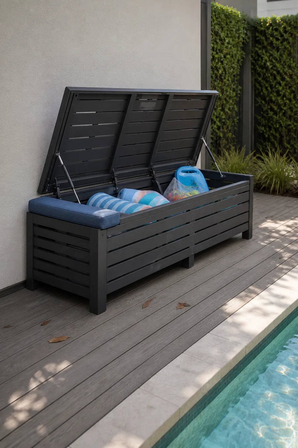 Ventilated storage bench holding pool floats and toys