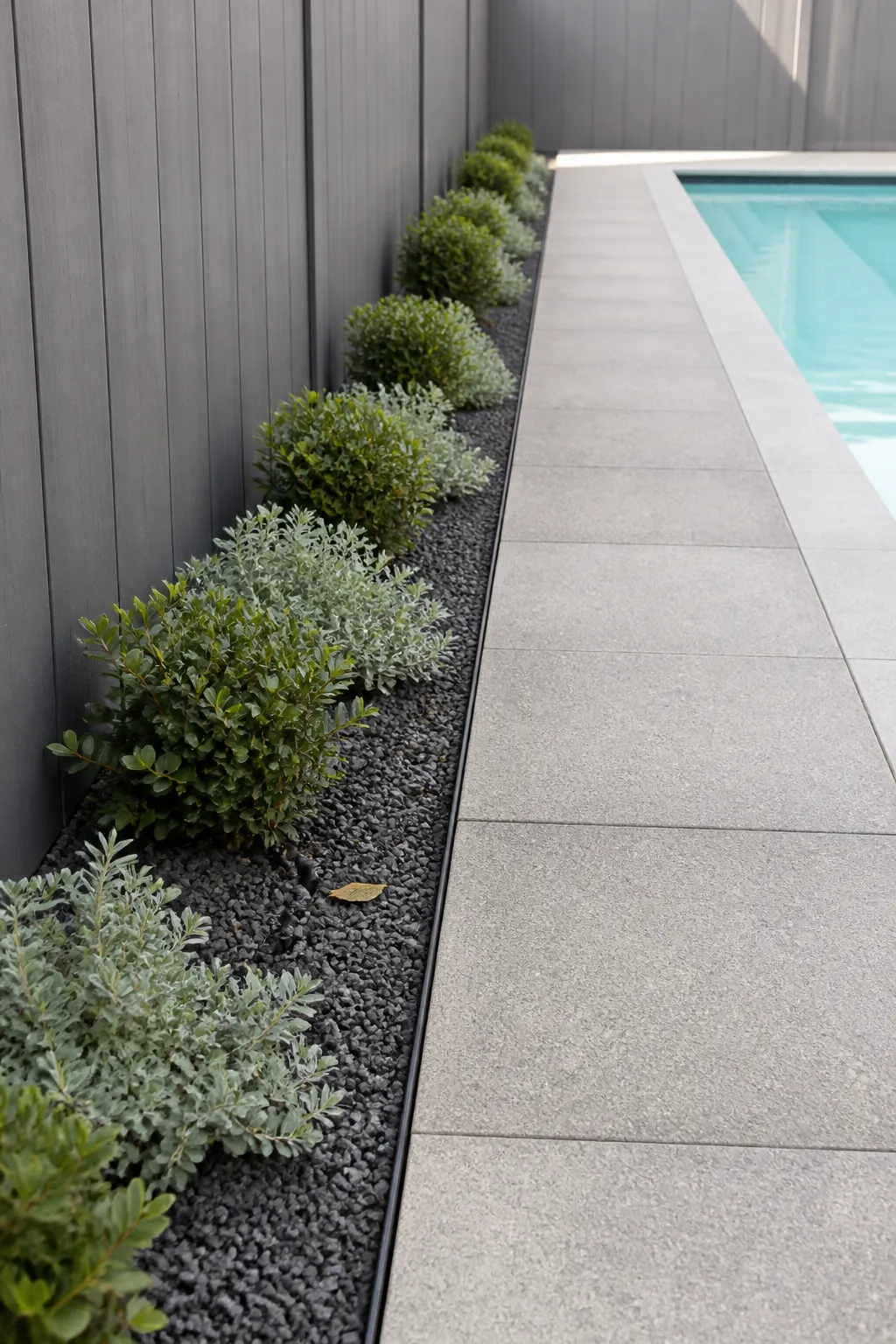 Narrow low-maintenance planted edge beside a broad pool deck