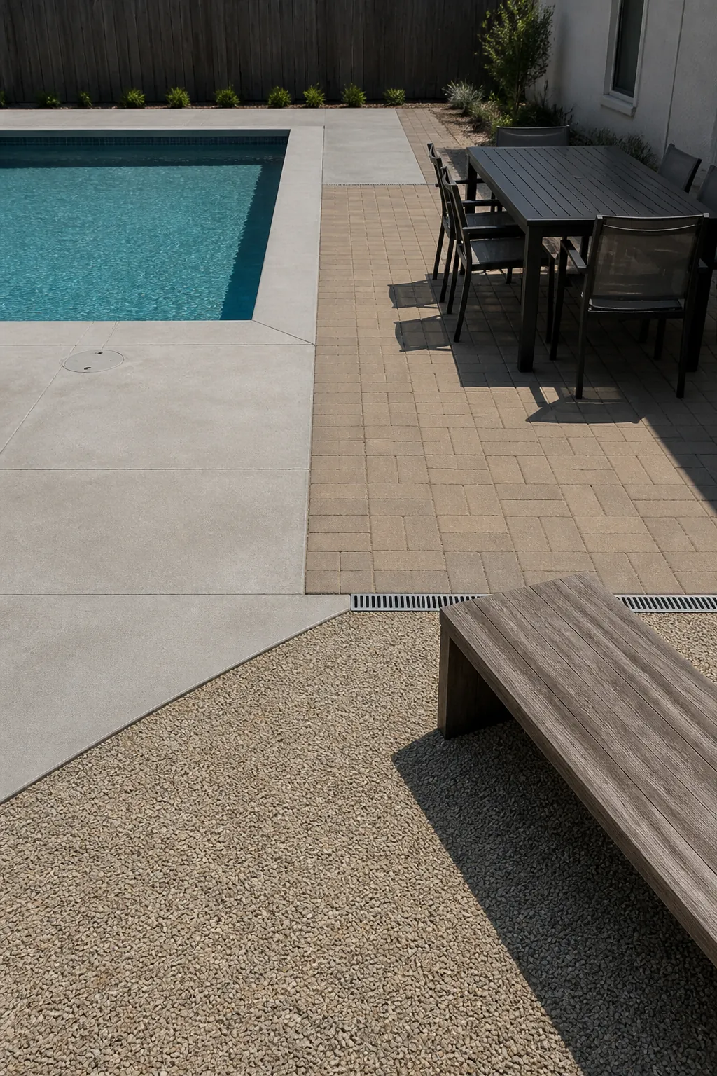Flush material transitions defining pool dining and lounge zones