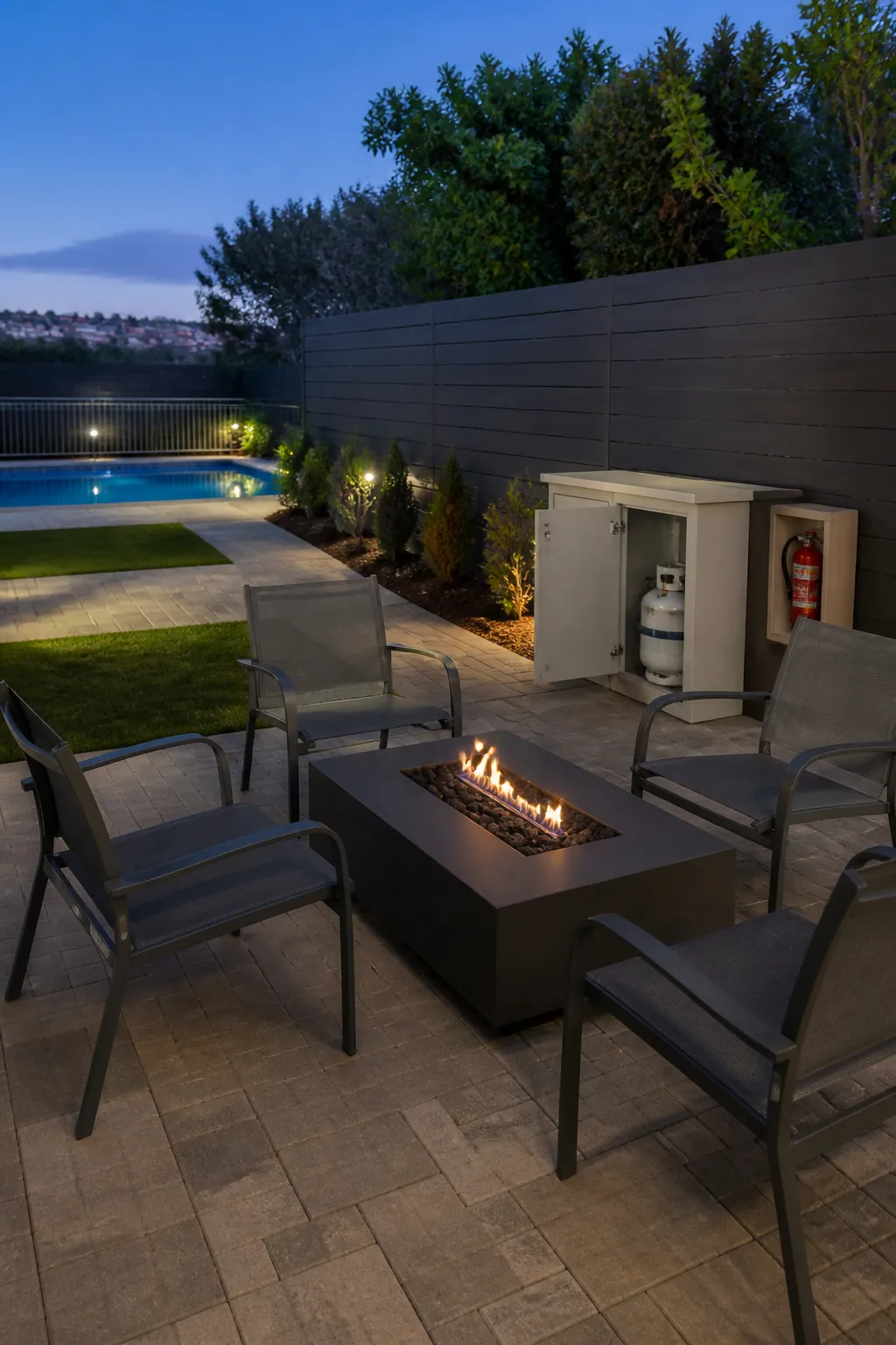 Low fire table in a separate dry zone away from the pool