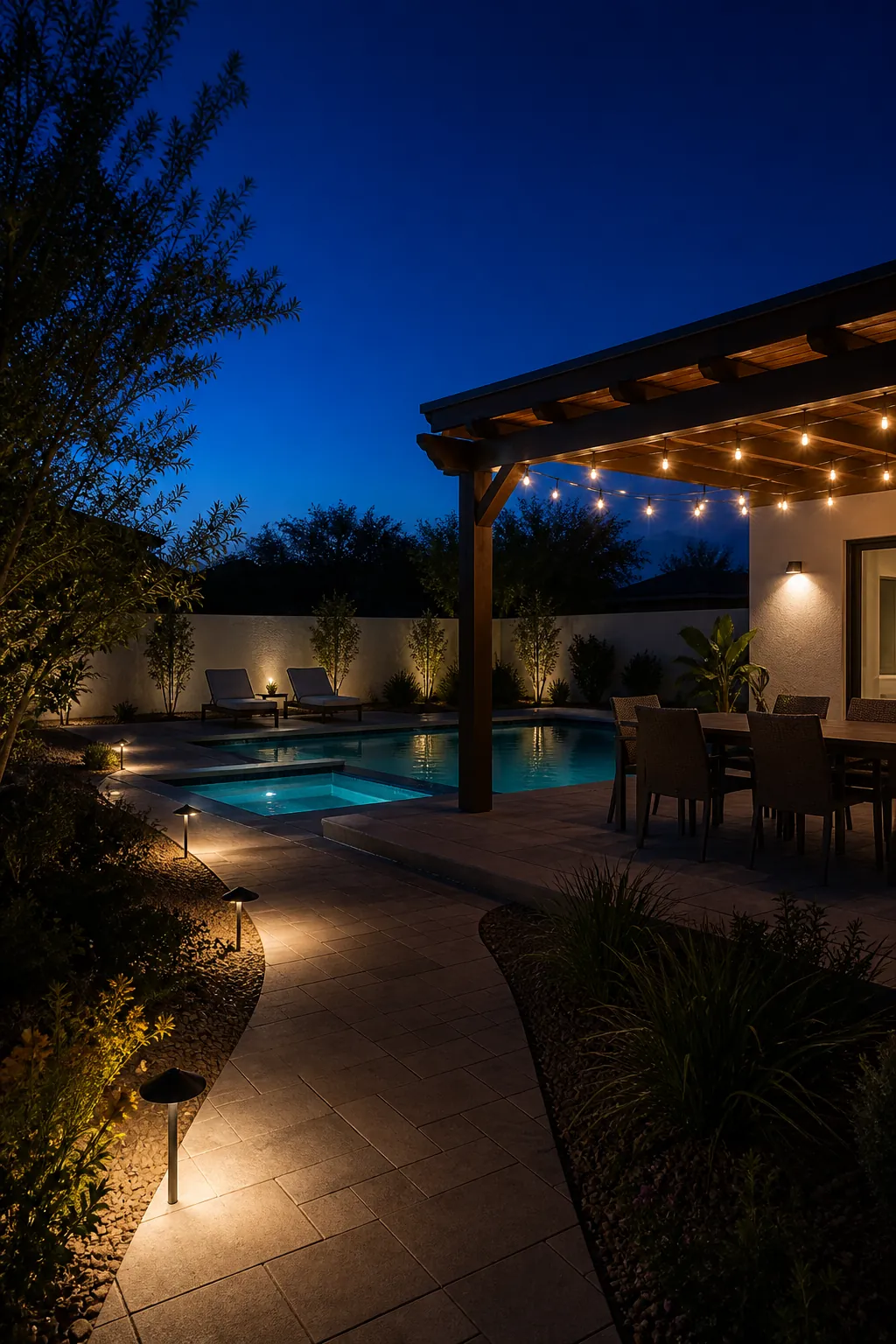Layered path and pergola lighting around an outdoor pool