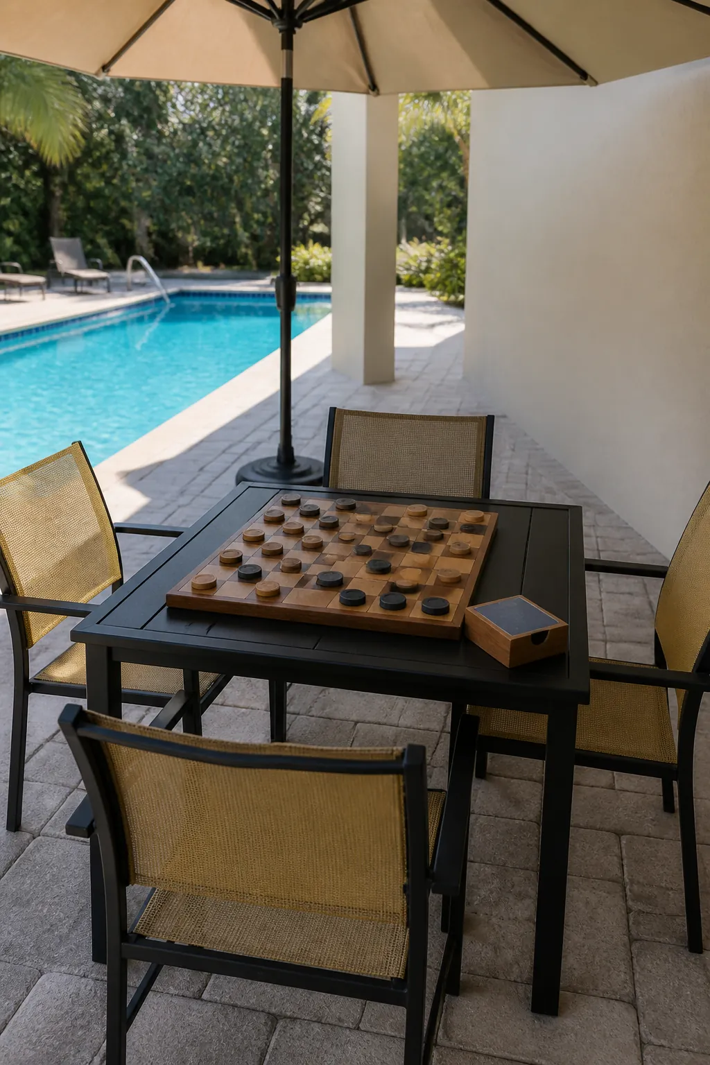 Shaded poolside game table with wooden checkers