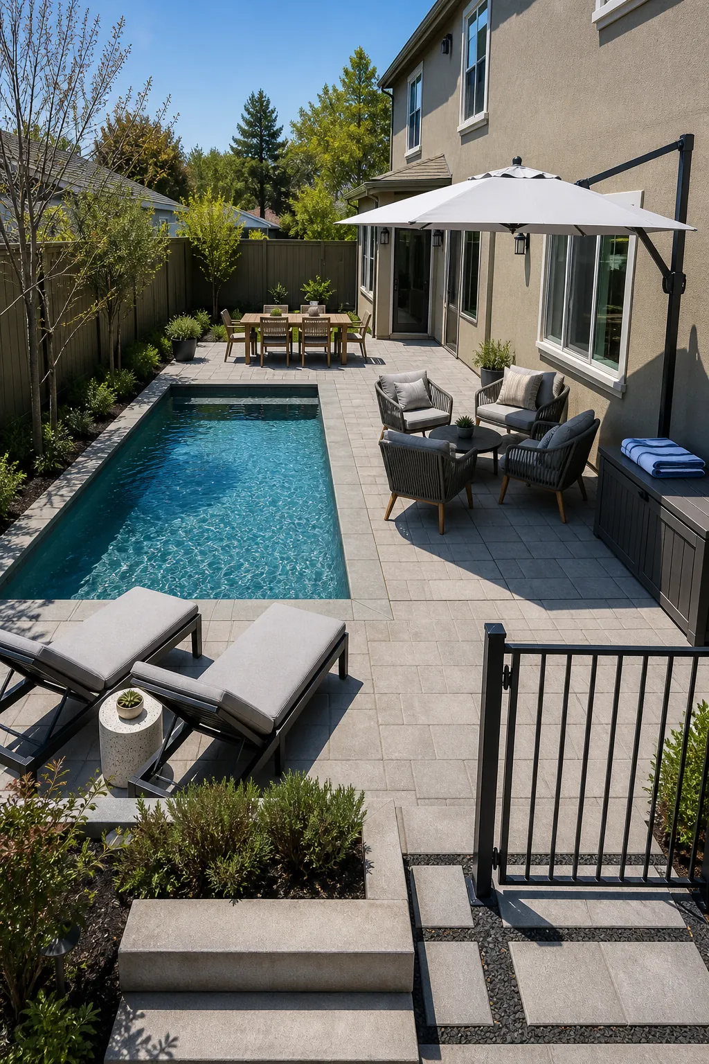 Right-sized outdoor pool layout balancing lounging dining and circulation