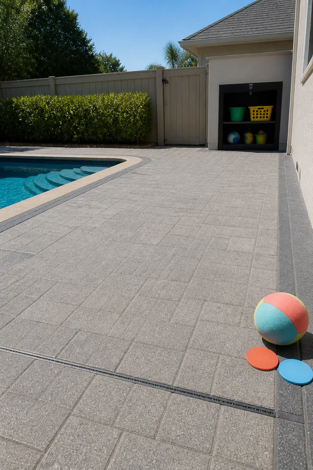 Open nonslip pool deck reserved as a flexible play zone