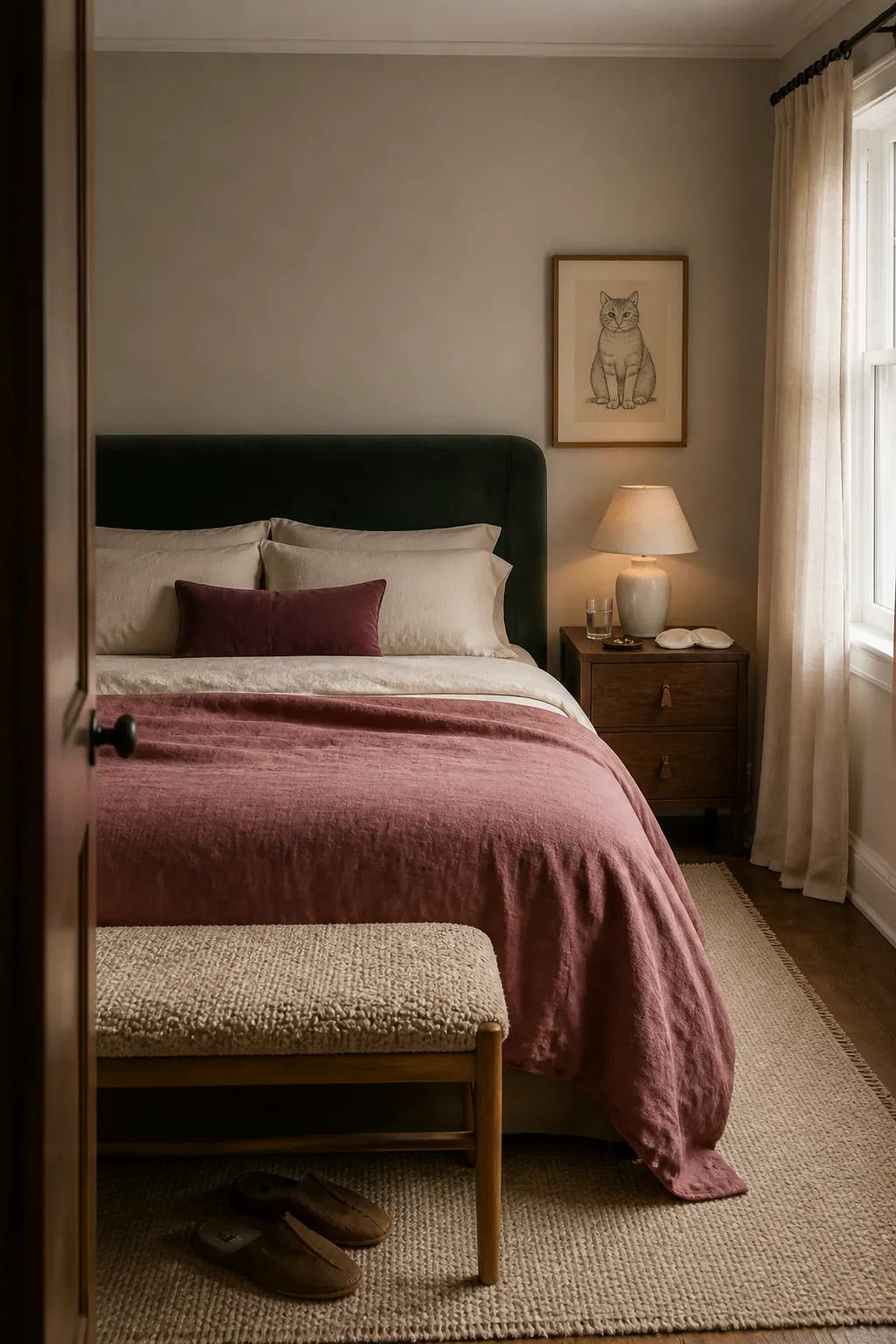 Forest green bedroom color scheme with dusty rose bedding and warm neutral layers
