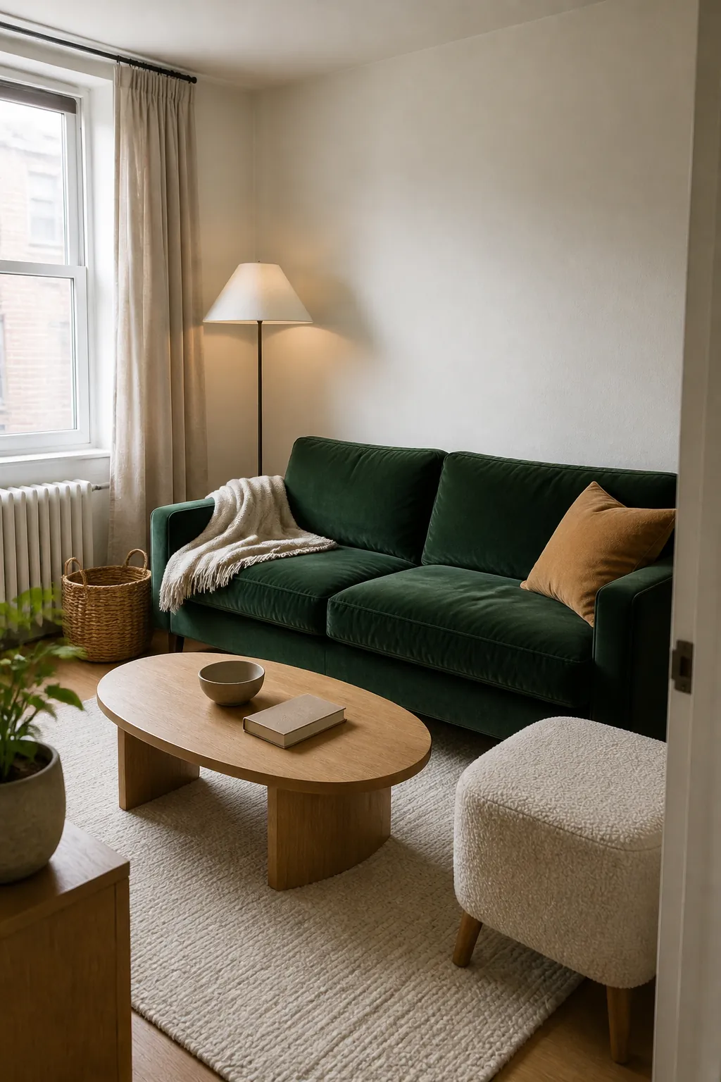 Forest green living room paired with warm cream walls and linen textiles