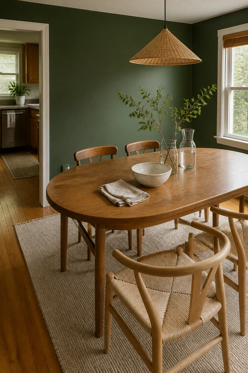 Forest green dining room with natural oak furniture and woven textures