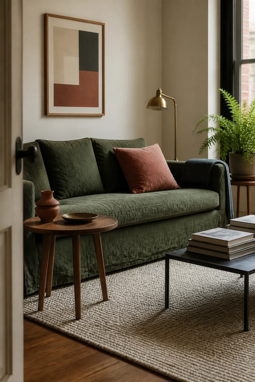 Forest green interior color palette with cream, wood, terracotta, dusty pink, and brass