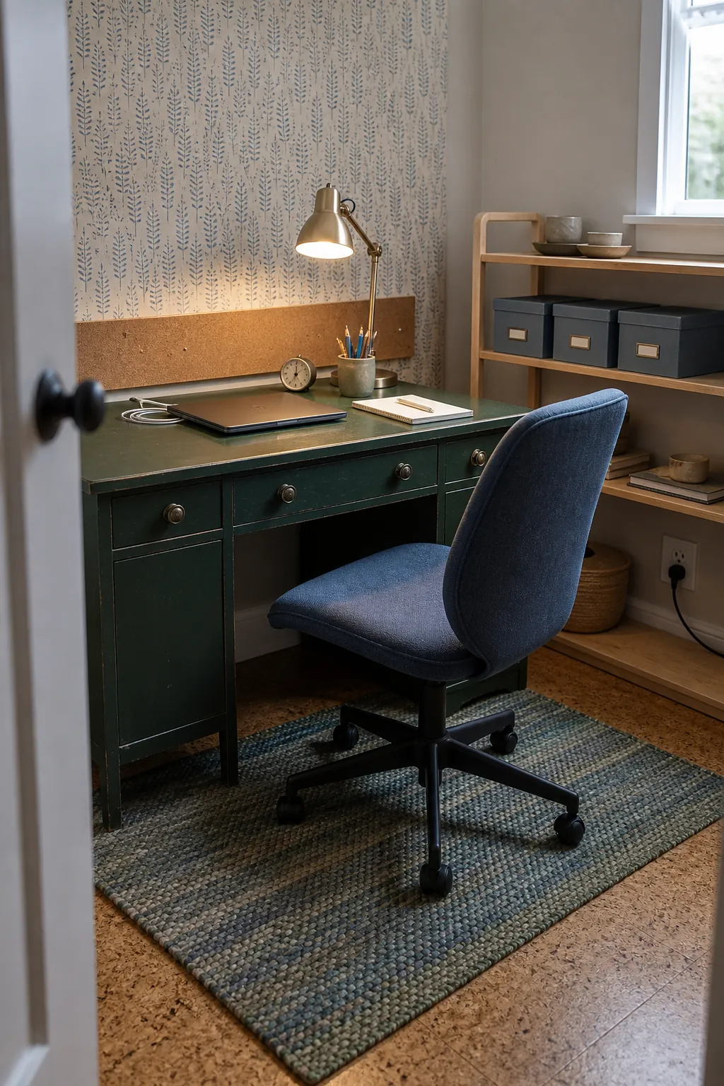 Forest green home office coordinated with muted blue upholstery and warm lighting