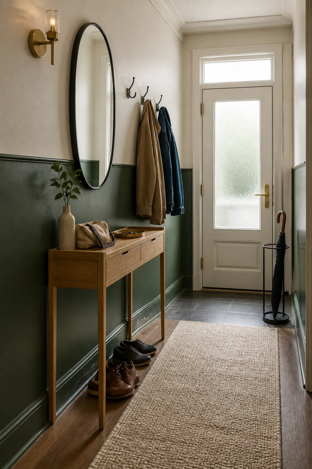 Forest green entryway with slim black details and aged brass accents