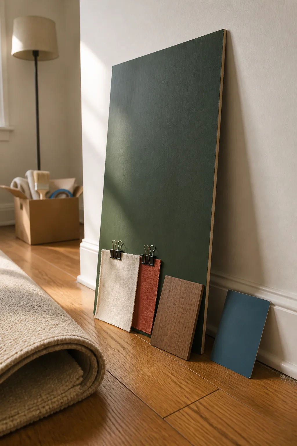 Forest green paint and fabric samples tested beside fixed flooring and room finishes