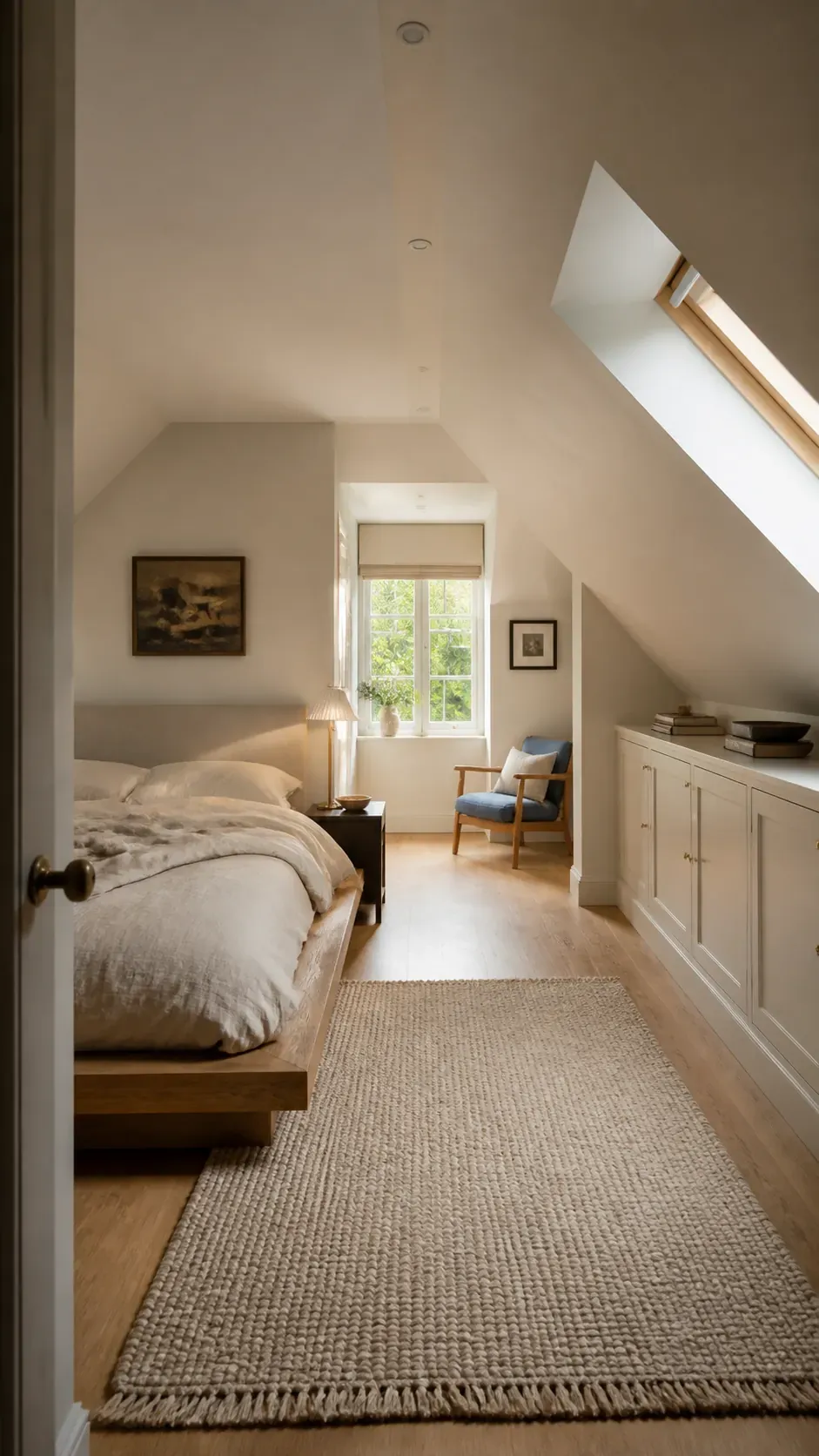 Warm finished attic bedroom with skylight, low bed, and fitted eaves storage