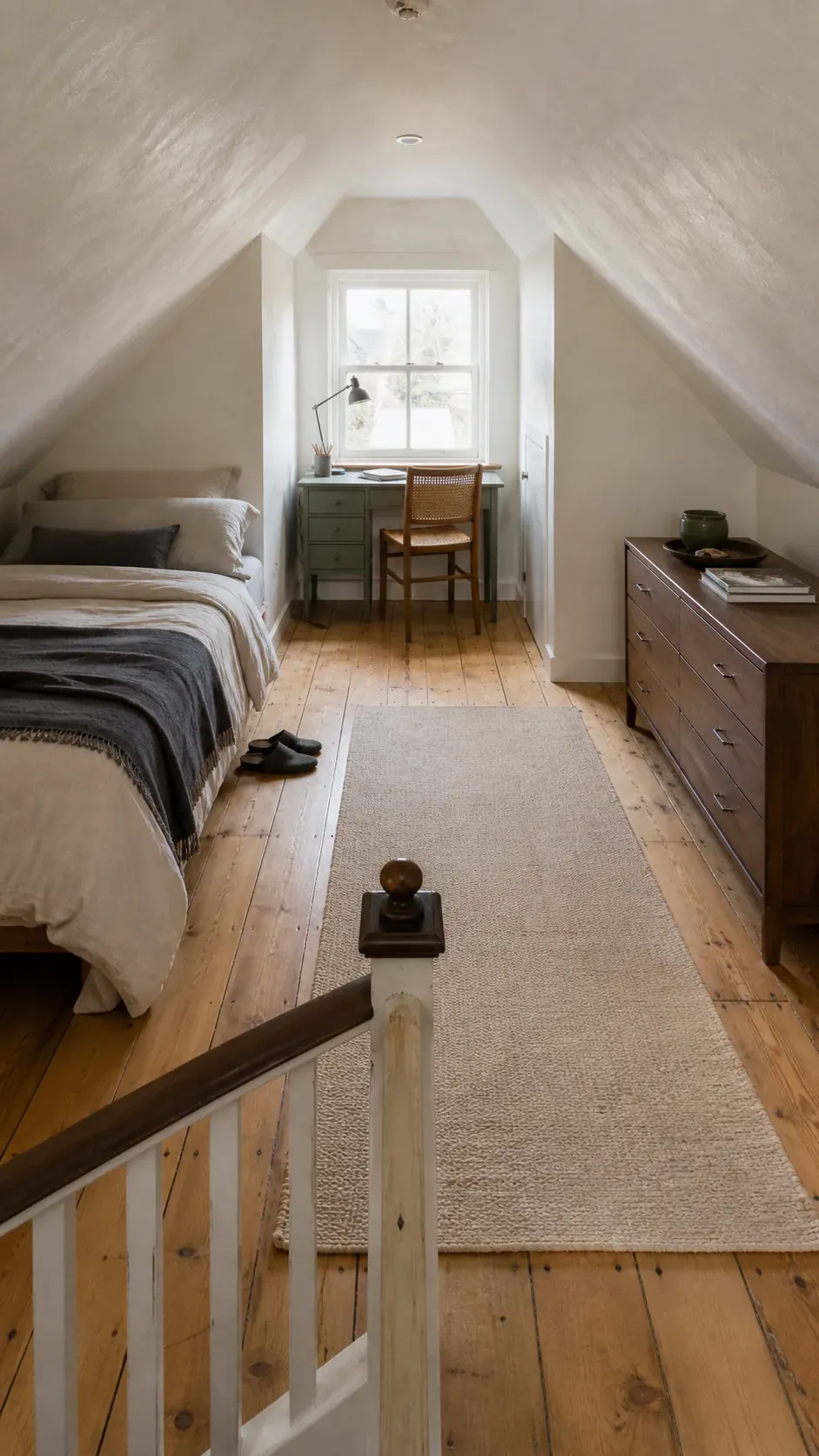 Attic bedroom furniture arranged around a clear standing-height walkway