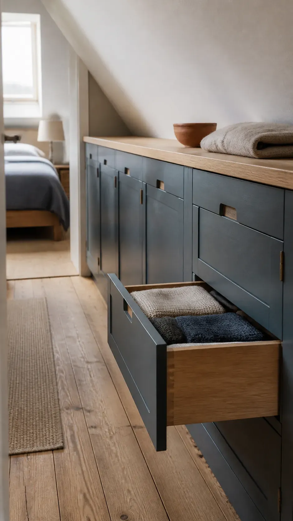 Closed built-in cabinets fitted neatly beneath attic eaves