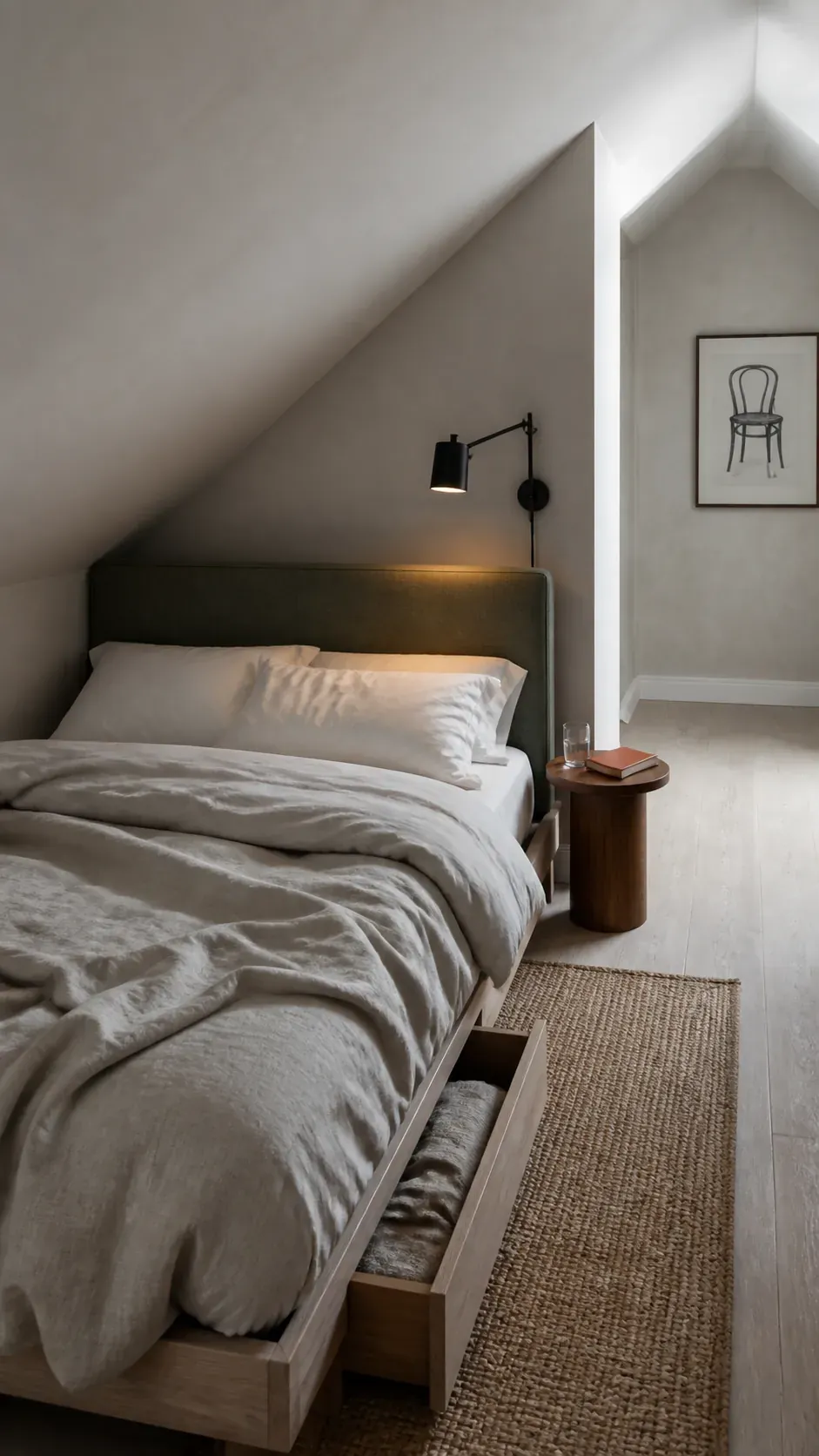 Low platform bed positioned safely beneath attic eaves
