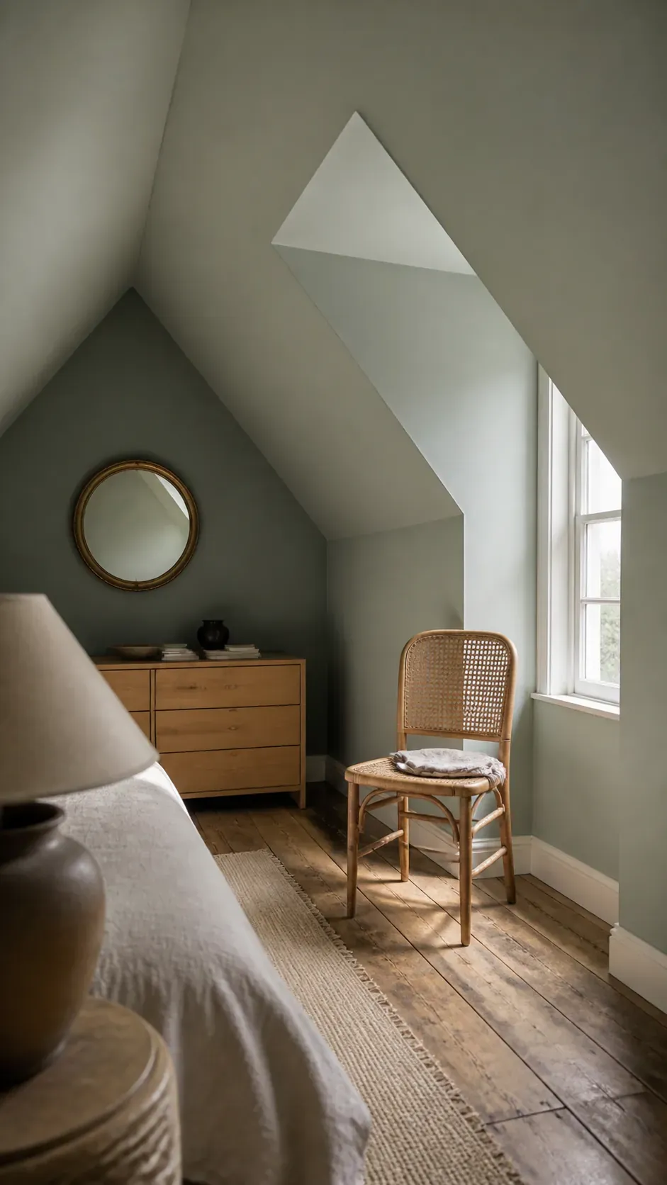 Calm pale paint palette unifying slanted attic bedroom walls