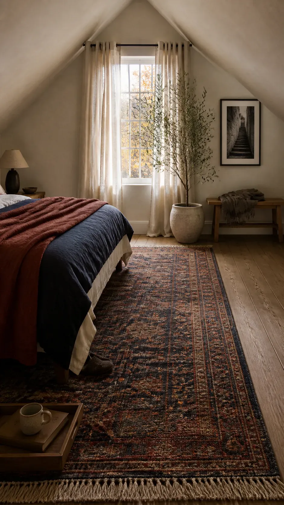 Cozy attic bedroom finished with a large rug and restrained decor