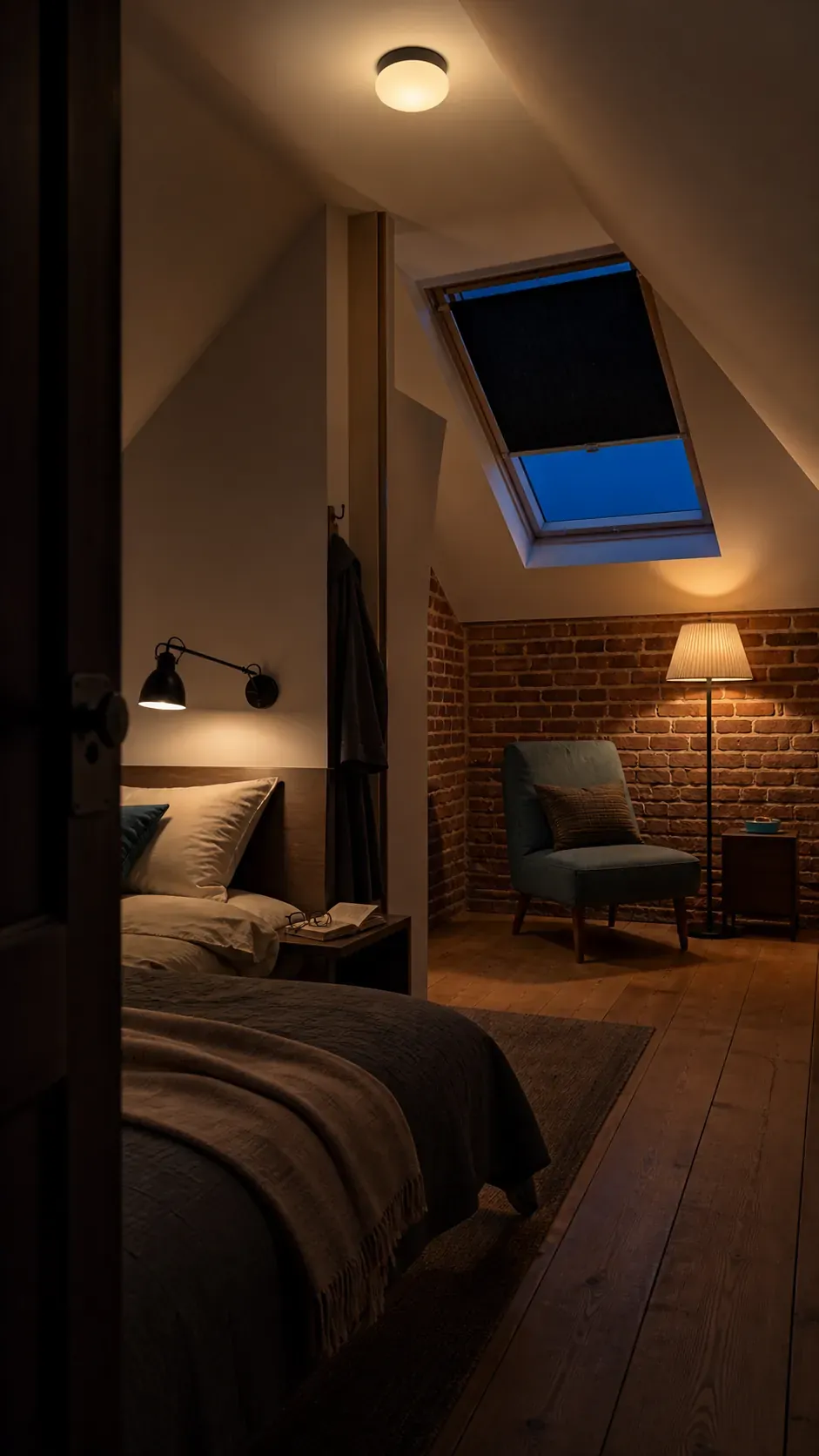 Layered bedside and ambient lighting in a cozy attic bedroom