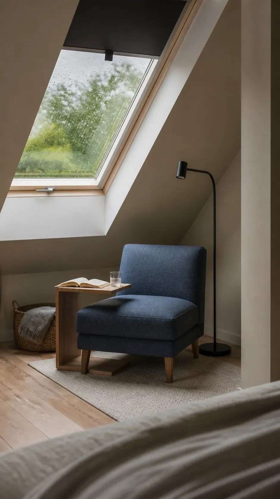 Practical reading corner arranged beside an attic skylight