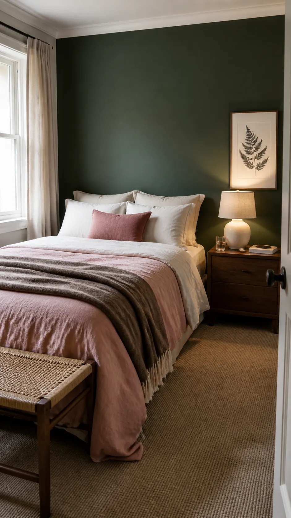 Dark green bedroom with clay pink textiles and cream bedding