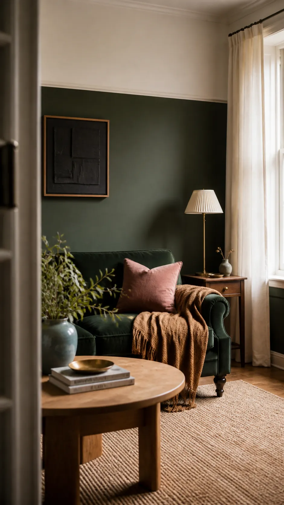 Dark green interior color palette with warm white, natural wood, clay pink, ochre, and muted blue