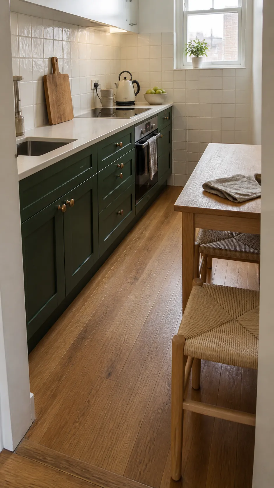 Dark green kitchen cabinets paired with natural oak and warm white surfaces