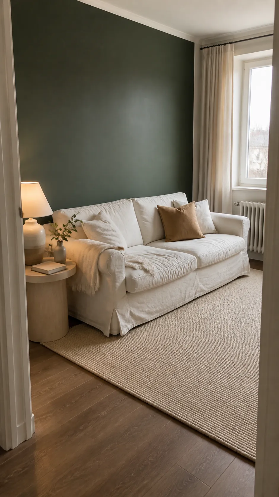 Dark green living room balanced with warm white upholstery and curtains