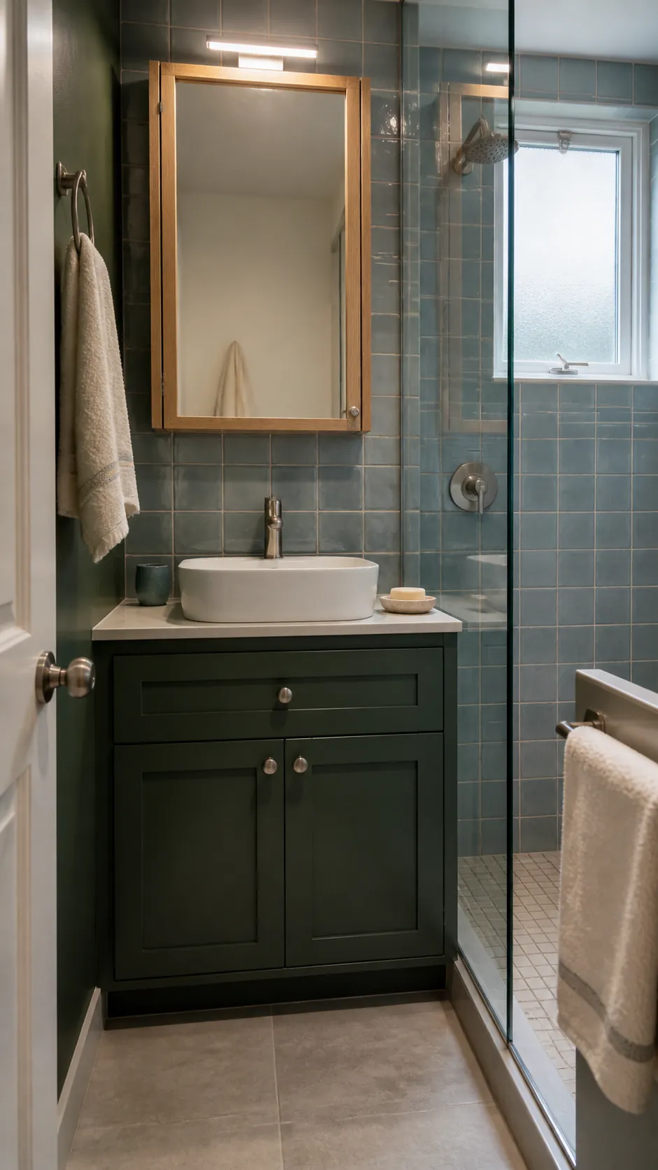 Dark green bathroom paired with muted blue tile and warm oak details