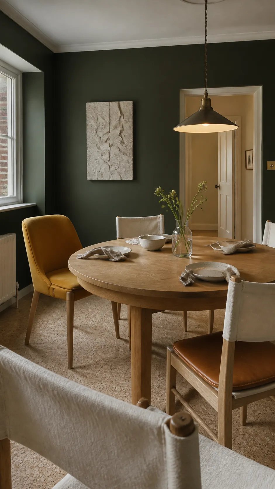 Dark green dining room with ochre upholstery and camel leather accents