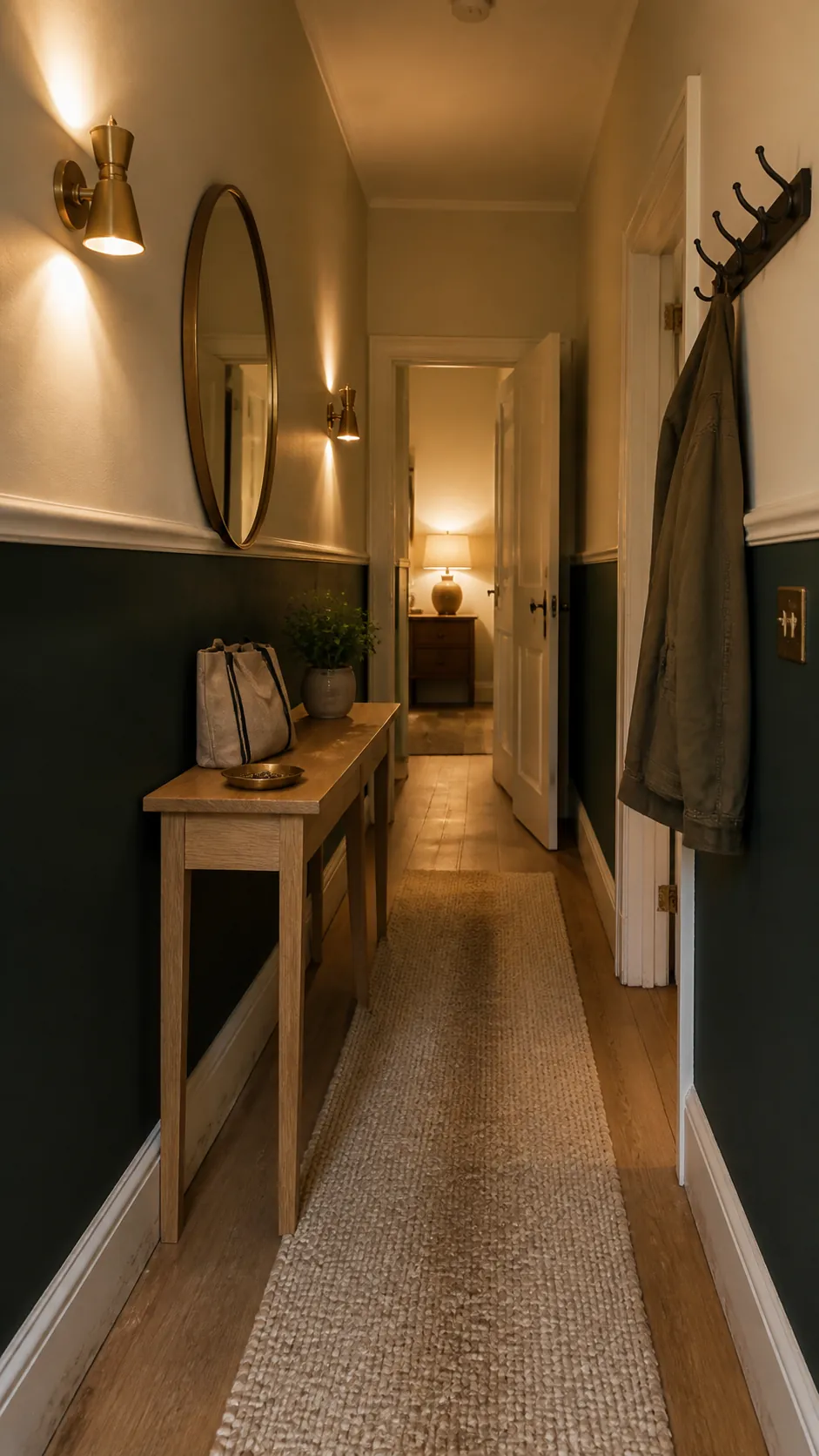 Dark green hallway with layered wall lighting, cream trim, and aged brass details