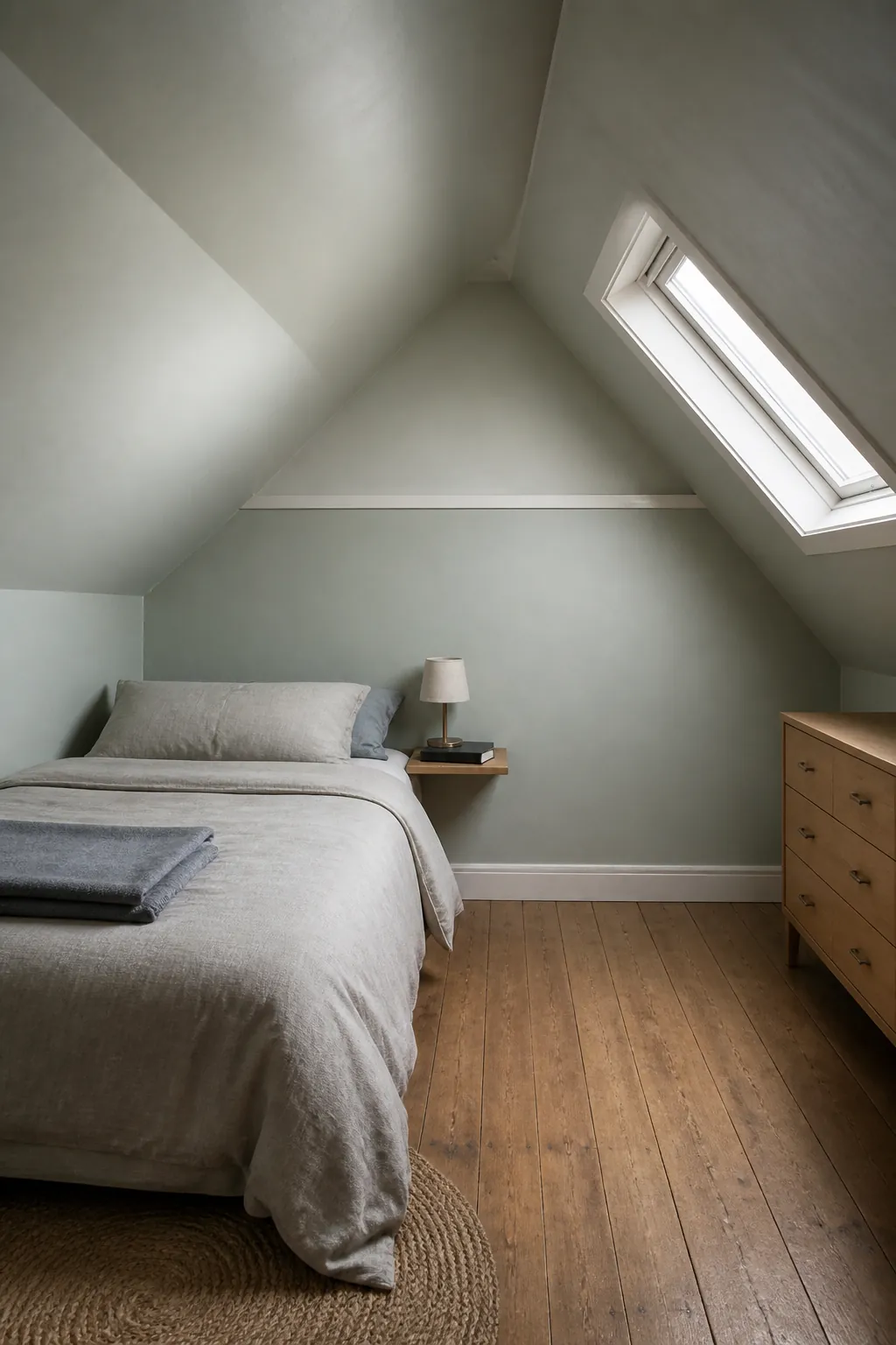 Slanted attic walls unified with a pale mineral paint color