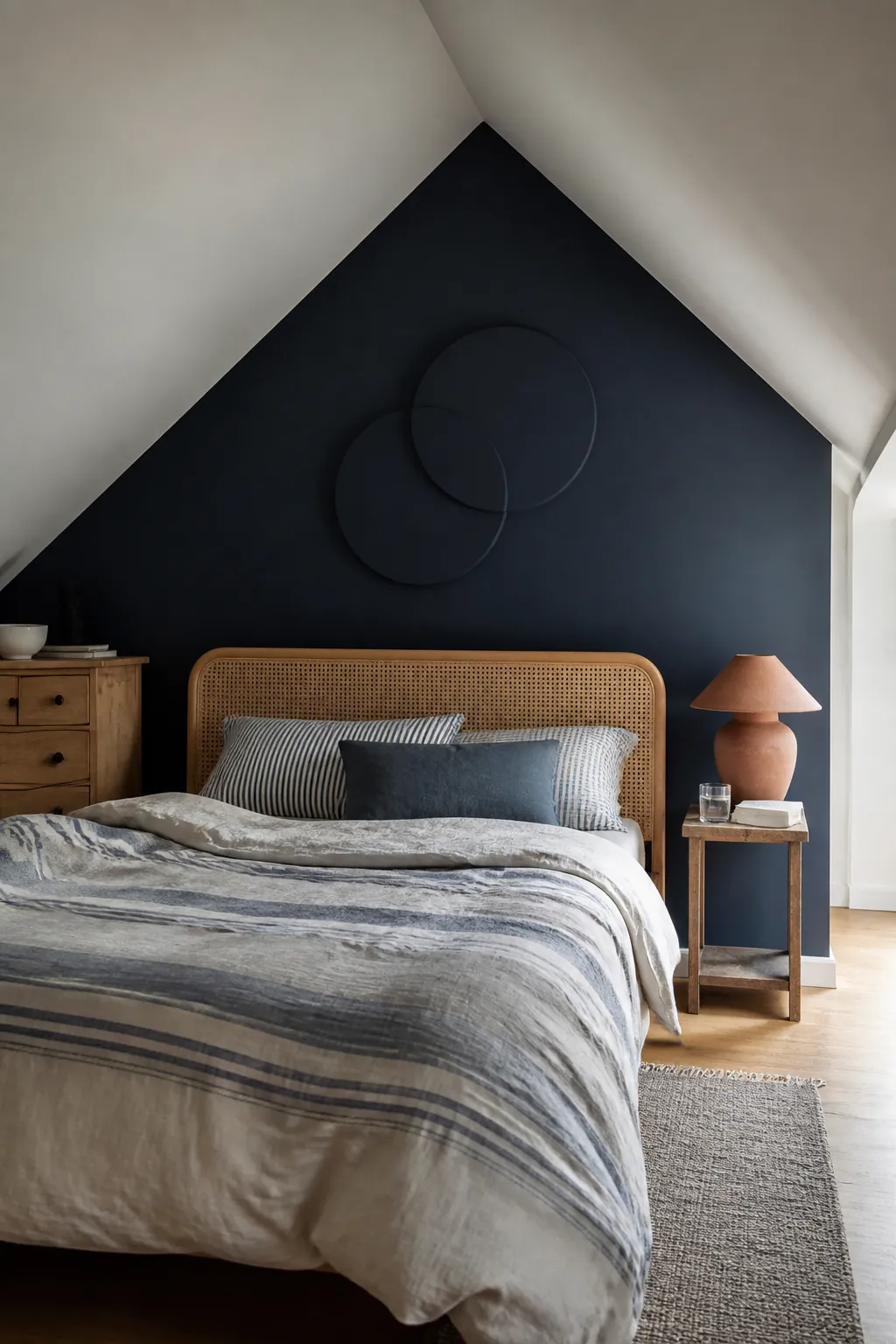 Deep blue gable accent wall in a bright attic bedroom