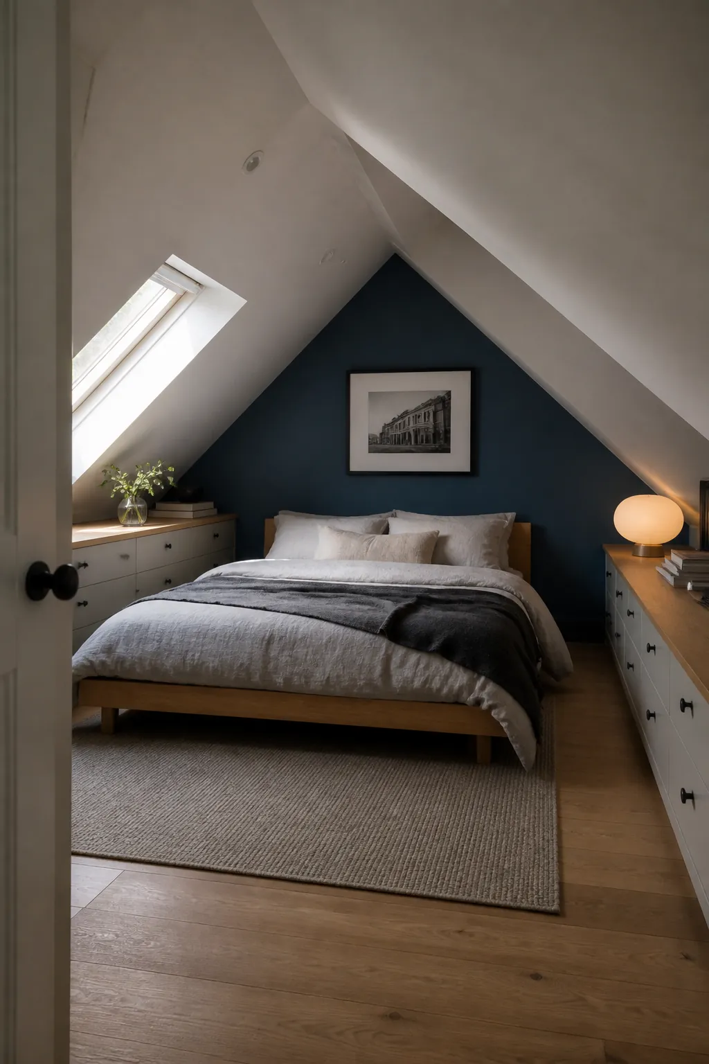 Beautiful attic bedroom with thoughtfully decorated slanted walls