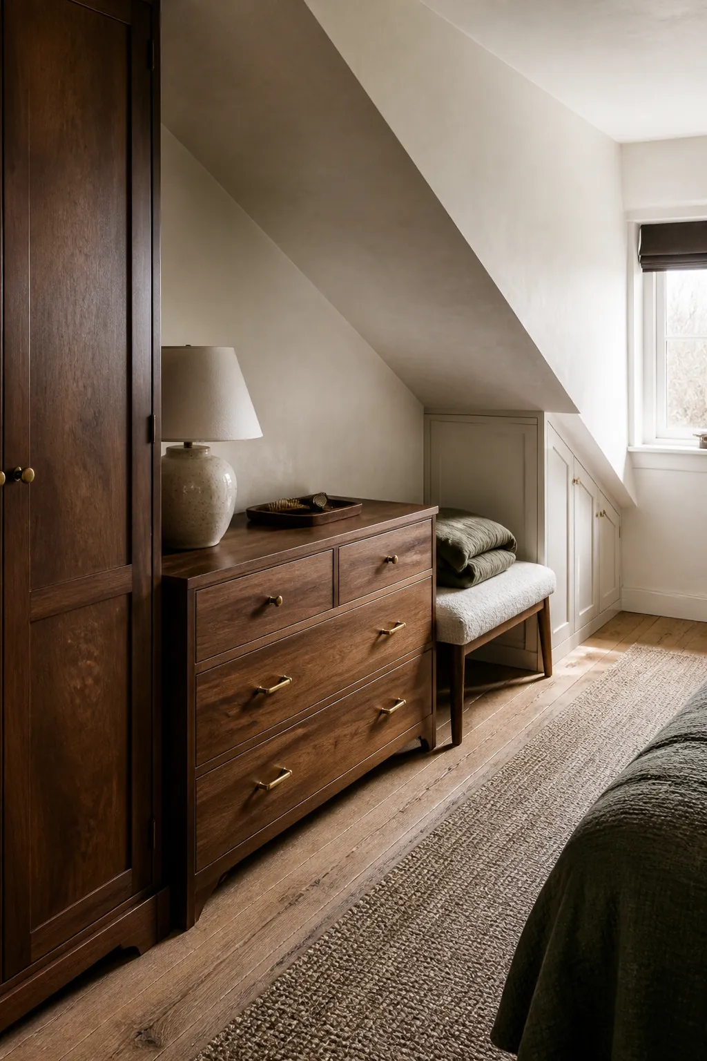 Low dresser and fitted storage beneath a slanted attic wall