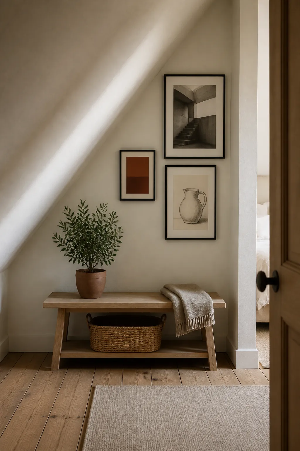 Secure framed art displayed on a vertical attic gable wall