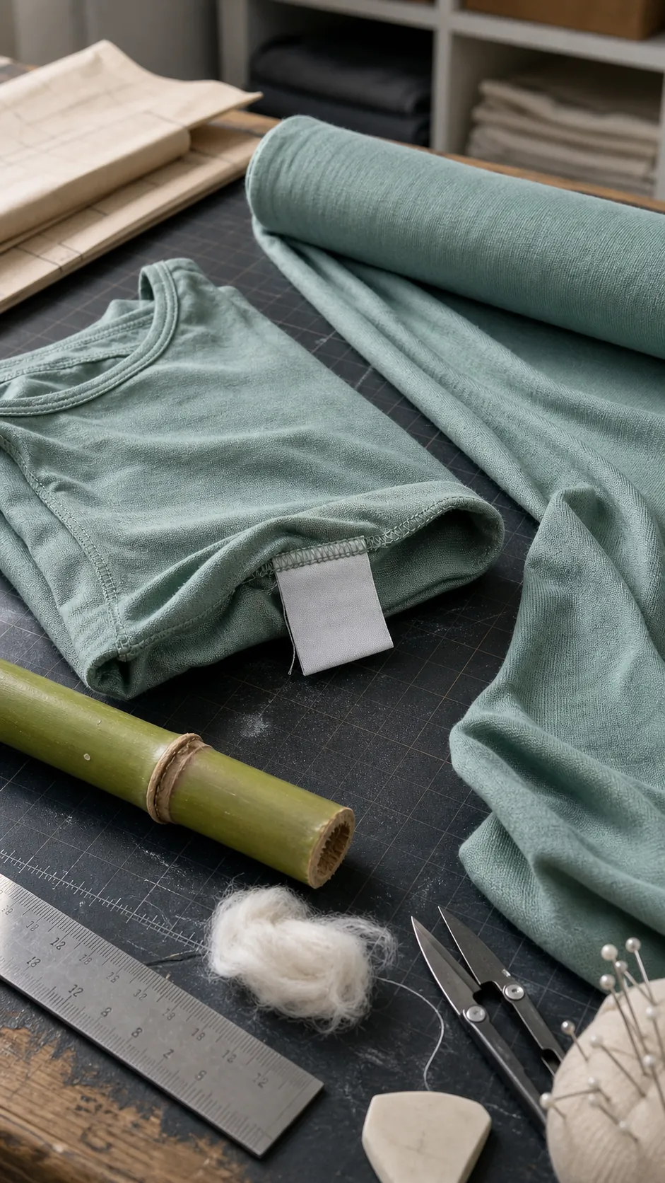 Clothing label beside a soft roll of bamboo viscose fabric