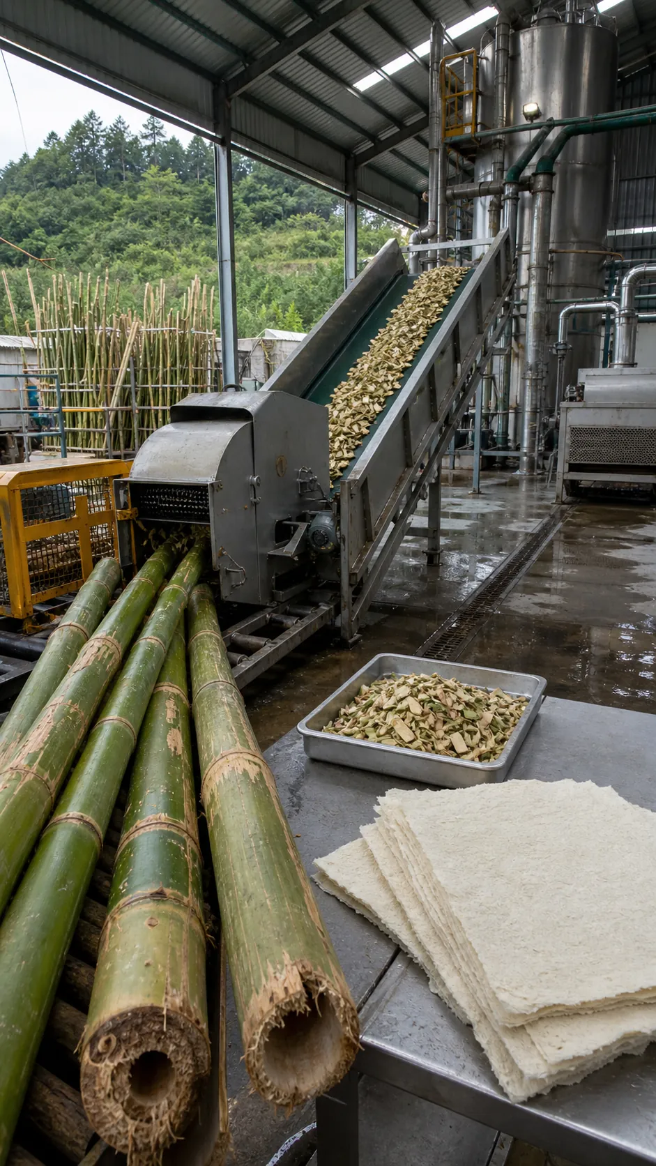 Bamboo chips and clean cellulose pulp at a textile mill