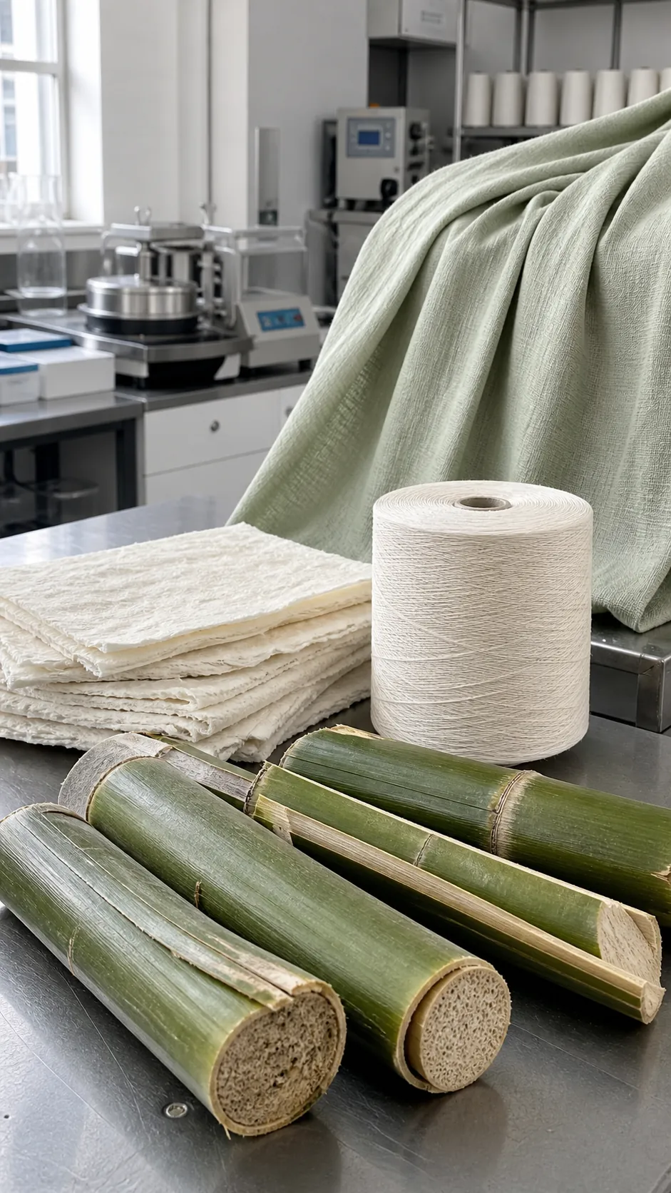 Bamboo stalks transitioning into silky regenerated cellulose fabric