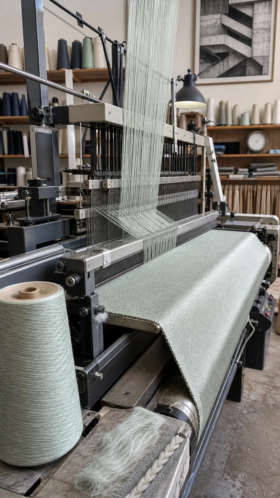 Bamboo viscose yarn being woven into pale fabric on a loom