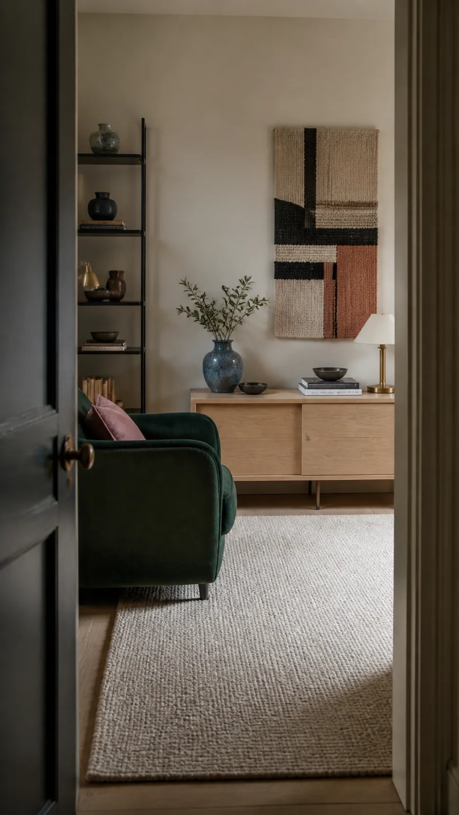 Dark green and black interior palette balanced with cream, oak, brass, clay pink, and muted blue
