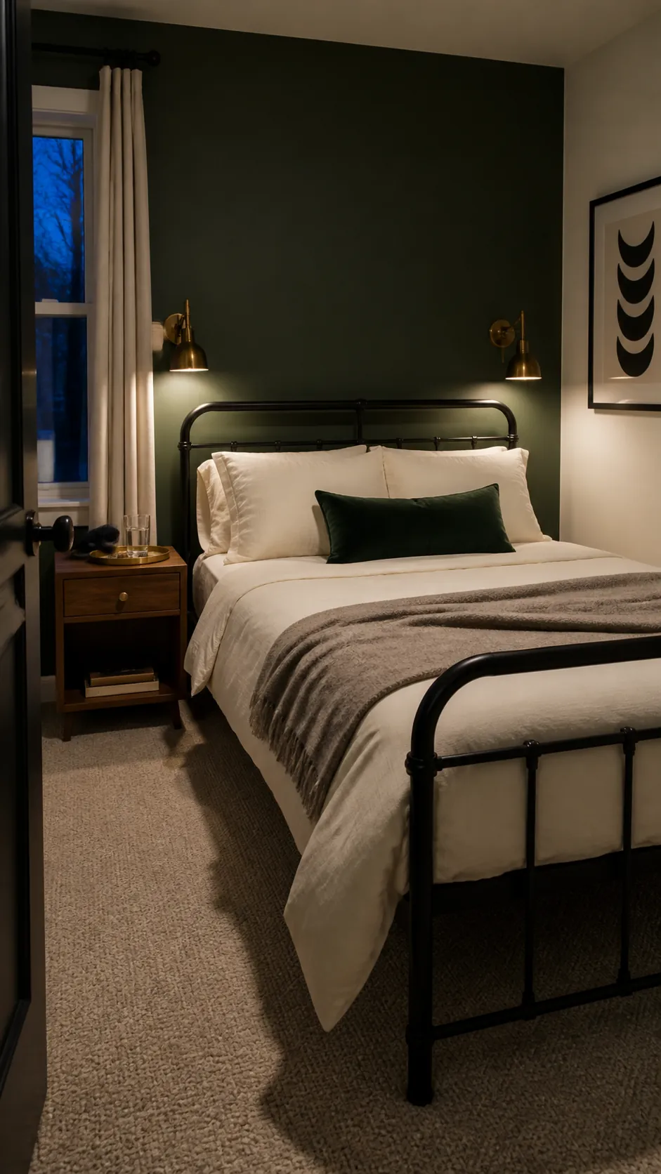 Dark green and black bedroom with aged brass reading lights and cream bedding