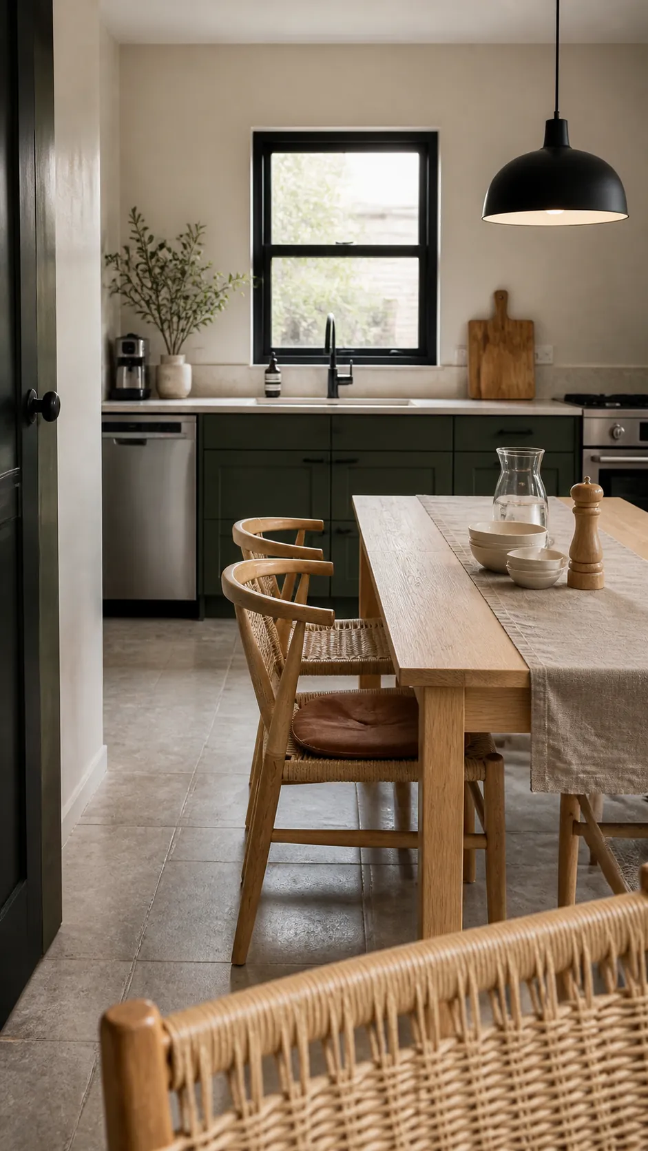 Dark green and black kitchen dining area warmed with pale oak and woven tan seating