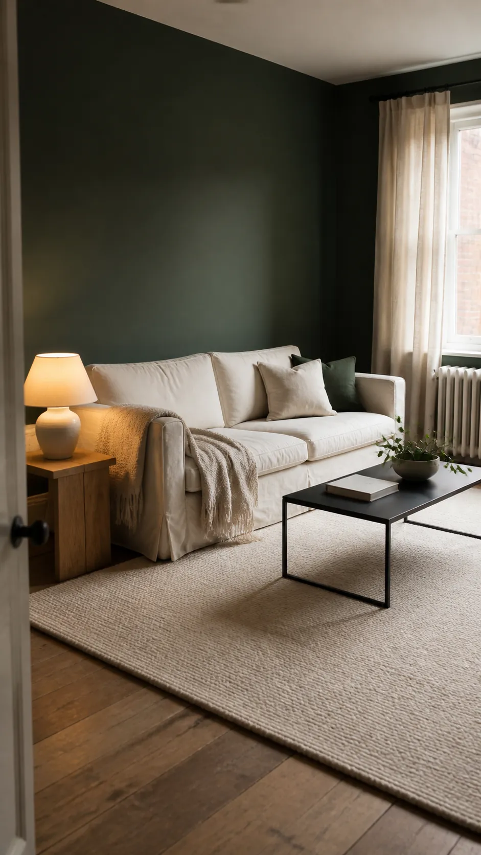 Dark green and black living room balanced by a cream sofa and pale rug